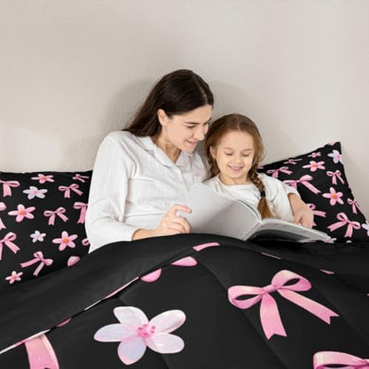 jejeloiu Watercolor Bow Kids Comforter Set Toddler Size Kawaii Bowknot Bedding Set Dreamy Princess Style Duvet Quilt for Kids Boys Girls Bedroom Cute Bow Decor Microfiber Ultra Soft Breathable