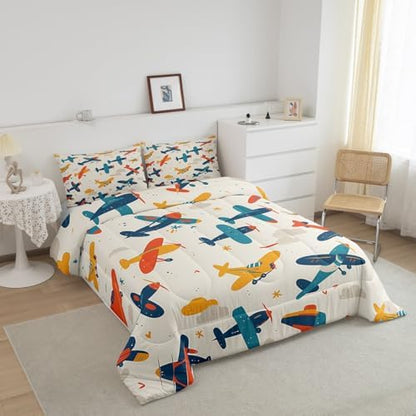 Manfei Aircraft Kids Comforter Set Full Size, Cartoon Airplane Bedding Set for Boys Girls Room Decor, Flying Plane Print Down Comforter for All Season, Soft Polyester Quilt Set, 2 Pillowcases