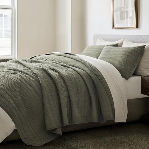 EVERGRACEHOME 100% Cotton Quilt Set Oversized Cal King, Olive Green