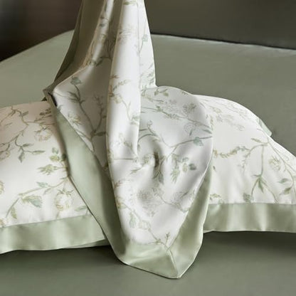 VM VOUGEMARKET Green Flower Duvet Cover Twin Cooling Lyocell Comfoter Cover Set for Hot Sleeper,Moisture Wicking Silky Bedding Set-Mint Green