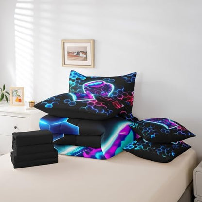 Erosebridal Boxing Gifts Comforter Sets with Sheets - 3D Glitter Gloves Bedding Set King for Boys Girls Colorful Neon Lights 7Pcs Bed in A Bag, Hexagon Honeycomb Bed Set