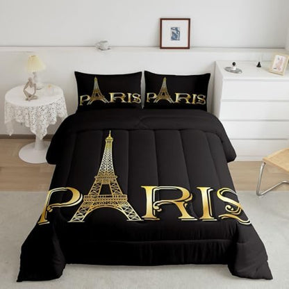 Erosebridal Eiffel Tower Comforter Set, City Building of Paris Bedding Set Queen Size, Gold Black Duvet Sets for Kids Boys Girls Teens Bedroom, Soft Microfiber Bedding Comforters with 2 Pillow Cases