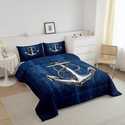 Anchor Nautical Comforter Set Twin,Rustic Farmhouse Style Bedding Set 2pcs for Kid Teen Adults Room Decor,Blue Wooden Board Down Comforter Vintage Maritime Adventure Duvet Insert with 1 Pillowcase
