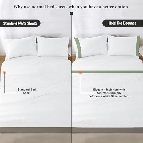 SGI bedding Hudson Hotel Collection 4 Piece Egyptian Cotton Sheets King Size - 15" Deep Pocket, Premium Cotton, Elegant 4" Moss Hem on White Sheet - White/Moss