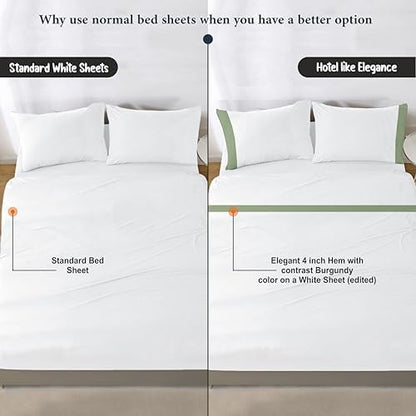 SGI bedding Hudson Hotel Collection 4 Piece Egyptian Cotton Sheets King Size - 15" Deep Pocket, Premium Cotton, Elegant 4" Moss Hem on White Sheet - White/Moss