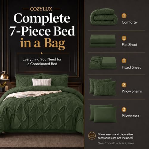 CozyLux Oversized Queen Comforter Set Olive Green, 7 Pieces Bed in a Bag