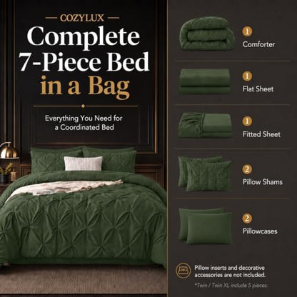 CozyLux California King Comforter Set Olive Green, 7 Pieces Bed in a Bag
