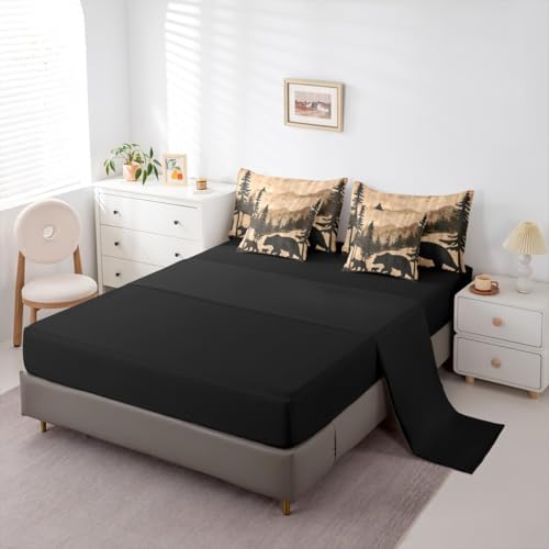 Rustic Bear 7 Pcs Bedding Set Twin Size,Hunting Cabin Lodge Bed in a Bag,Watercolor Mountain Trees Bed Set Includes Comforter,Sheet Set,Pillowcases & Pillow Covers,Wooden Plank Farmhouse Bedroom Decor