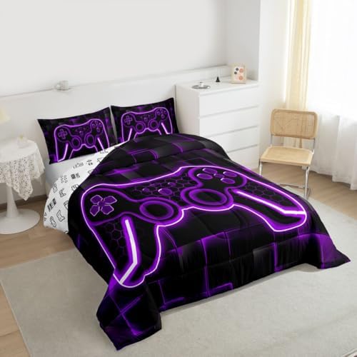 Feelyou Kids Gamer Comforter Set Twin Size Purple Black Bedding Set Boys