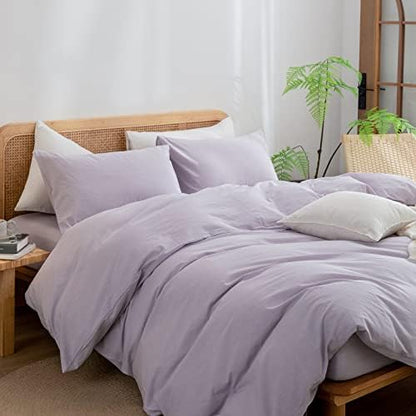 BESTOUCH Cotton Solid Duvet Cover Set Linen Feel Taro Purple Super Queen