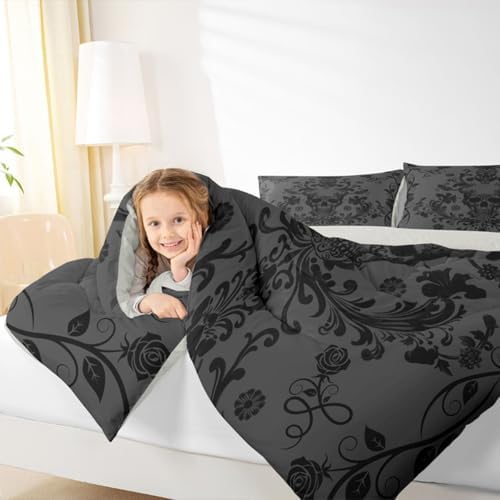 Feelyou Gothic Kids Comforter Set Full Size Sugar Skull Bedding Set Damask Print Floral Duvet Quilt for Kids Boys Girls Bedroom Decor Microfiber Ultra Soft Breathable
