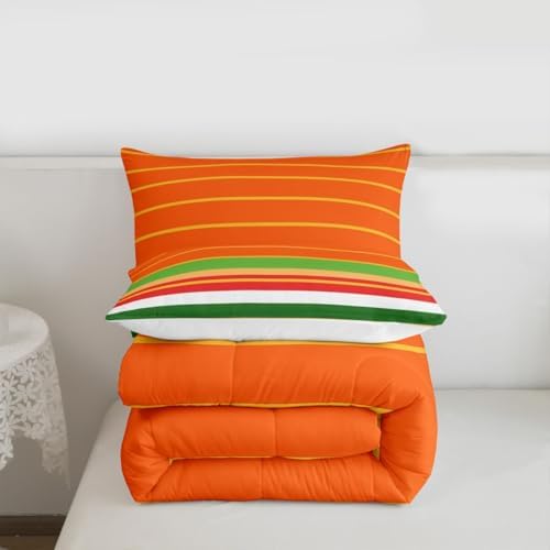 jejeloiu Orange Green Yellow Stripes Comforter Set Toddler Size Geometric Bedding Set for Kids Boys Girls Modern Duvet Quilt Luxury Bedroom Decor Microfiber 2 Pcs with 1 Pillow Cases