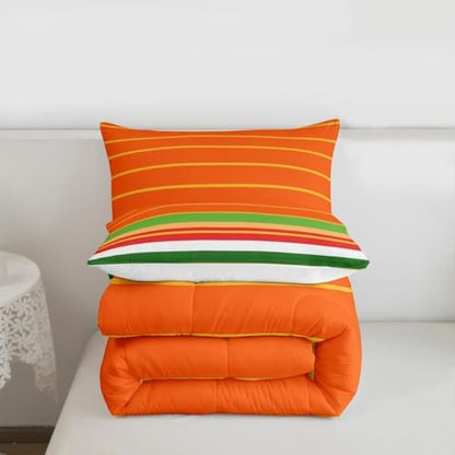 jejeloiu Orange Green Yellow Stripes Comforter Set Toddler Size Geometric Bedding Set for Kids Boys Girls Modern Duvet Quilt Luxury Bedroom Decor Microfiber 2 Pcs with 1 Pillow Cases