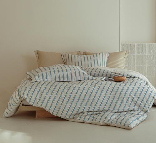 Comforter Queen Size - 100% Cotton Beige and Blue Striped Reversible Comforter Set, Hypoallergenic and Breathable Bedding Set for All Season, 3 Pieces, 90"x90"
