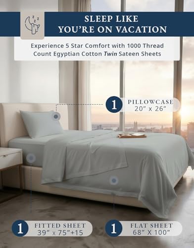 LANE LINEN Cooling Sheets Twin 100% Egyptian Cotton Sateen - Silver