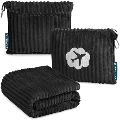 PAVILIA Travel Blanket Pillow, Soft Ribbed Fleece Airplane Blanket, Black