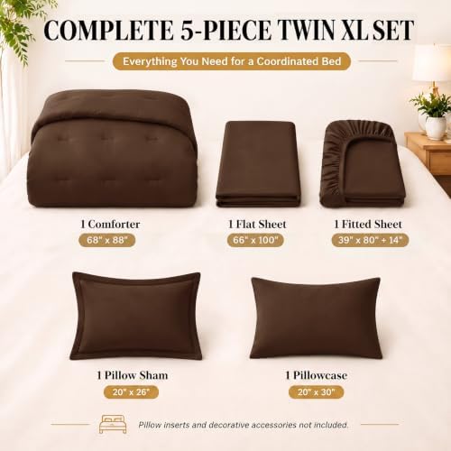 CozyLux Twin XL Comforter Brown, 5 Pieces Bed in a Bag