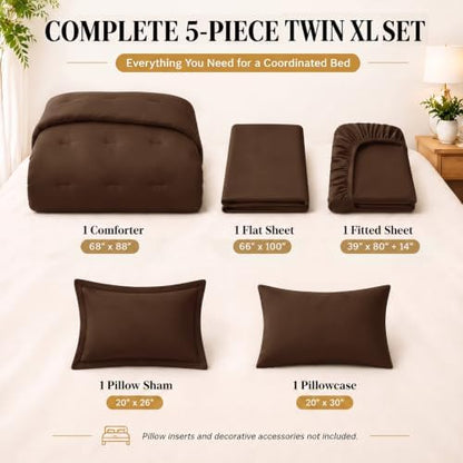 CozyLux Twin XL Comforter Brown, 5 Pieces Bed in a Bag