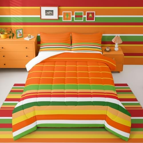 jejeloiu Orange Green Yellow Stripes Comforter Set King Size Geometric Bedding Set for Kids Boys Girls Modern Duvet Quilt Luxury Bedroom Decor Microfiber 3 Pcs with 2 Pillow Cases
