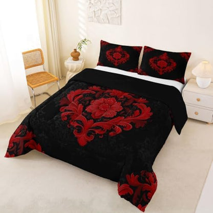 Feelyou Red Gothic Comforter Set Full Size Vintage Damask Boho Bedding Set for Kids Boys Girls Exotic Victorian Duvet Quilt Bedroom Decor Microfiber 3 Pcs with 2 Pillow Cases
