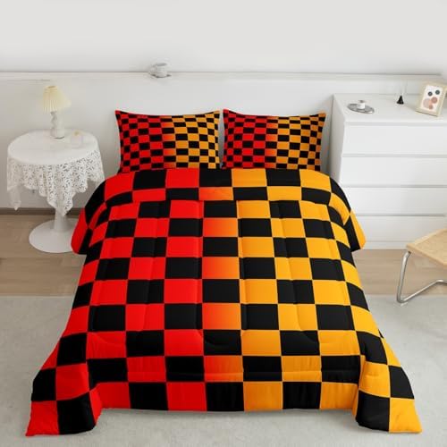 Checkered Retro Bedding Set for Boys Girls Geometric Vintage Comforter Set Full Size Red Yellow Duvet Quilt Modern Groovy Aesthetic Bedroom Decor 3 Pcs with 2 Pillow Cases