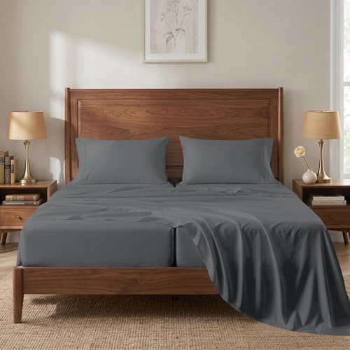 450TC 100% Cotton Split King Sheet & Pillowcase Sets - Sateen, Charcoal