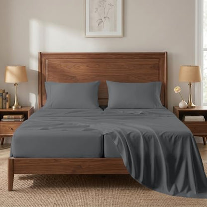450TC 100% Cotton Split King Sheet & Pillowcase Sets - Sateen, Charcoal