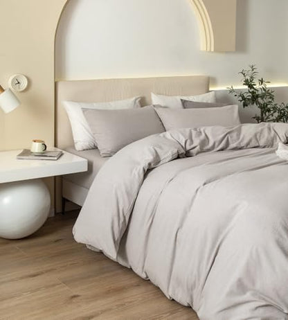 JIYUAN Queen Washed Cotton Duvet Cover Set, 3-Piece, Relaxed Linen Feel