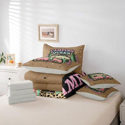 Erosebridal Camper Rv Boys Bed in A Bag Happy Camping Comforter Set with Sheets Vintage Pine Trees 7-Piece Bedding Set Full Size for Kids Teens Men Bedroom Brown Leopard Print Bed Sets