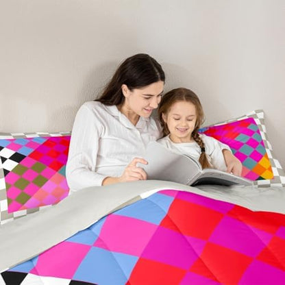 Checkered Geometric Comforter Set All Season Retro Rose Pink Beige Brown Plaid Bedding Set with 1 Pillow Cases Checkerboard Modern Aesthetic Kids Toddler Bedclothes Reversible Grey Decor Duvet Quilt