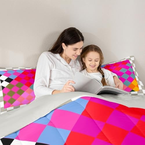 Checkered Geometric Comforter Set All Season Retro Rose Pink Beige Brown Plaid Bedding Set with 2 Pillow Cases Checkerboard Modern Aesthetic Kids Full Bedclothes Reversible Grey Decor Duvet Quilt