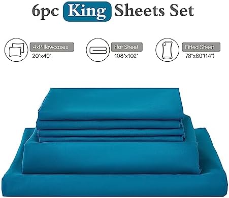 ILAVANDE Teal King Size Sheets Set 6 Piece,Hotel Luxury Super Soft 1800 Series Microfiber Bed Sheets King Set-Wrinkle & Fade Resistant-14 Deep Pockets Sheets for King Size Bed(King,Teal)