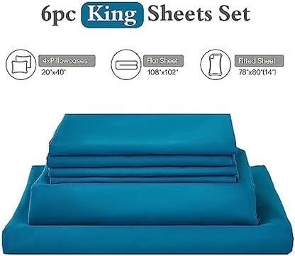 ILAVANDE Teal King Size Sheets Set 6 Piece,Hotel Luxury Super Soft 1800 Series Microfiber Bed Sheets King Set-Wrinkle & Fade Resistant-14 Deep Pockets Sheets for King Size Bed(King,Teal)