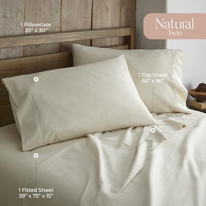 100% Organic Flannel Sheets Twin Size - GOTS Certified 100% Cotton Flannel Sheets Set with Comfortable Soft Brushed Finish & Deep Pocket - 1 Flat 1 Fitted & 1 Pillowcase (Natural, Twin)