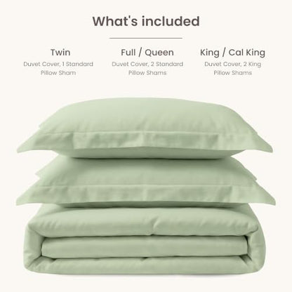 BIOWEAVES 100% Organic Cotton Full/Queen Duvet Cover Set, 3-Piece, 300 Thread Count Sateen Weave GOTS Certified Comforter Cover with Buttoned Closure and 2 Pillow Shams – Pastel Green, 90x90 inches