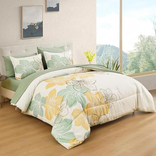 Luxudecor Sage Green Floral Comforter Set Full Size, 7 Pieces Bed in a Bag Gold Glitter Metallic Comforter and Sheet Set, Soft Microfiber Complete Bedding Sets for All Seasons