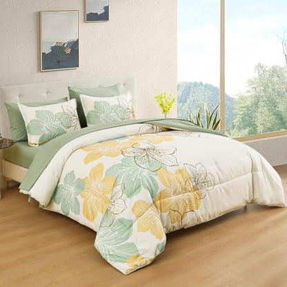 Luxudecor Sage Green Floral Comforter Set Full Size, 7 Pieces Bed in a Bag Gold Glitter Metallic Comforter and Sheet Set, Soft Microfiber Complete Bedding Sets for All Seasons