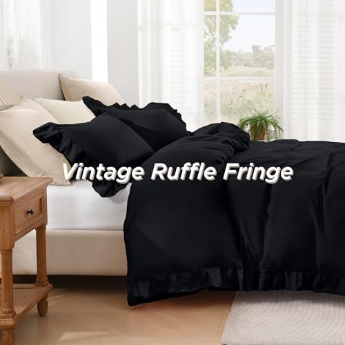Andency Black Ruffle Duvet Cover Full, Shabby Chic Farmhouse Bedding Set