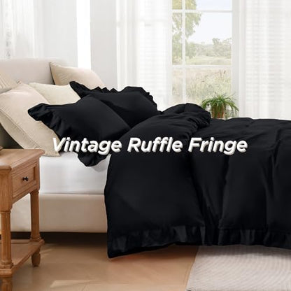 Andency Black Ruffle Duvet Cover Full, Shabby Chic Farmhouse Bedding Set