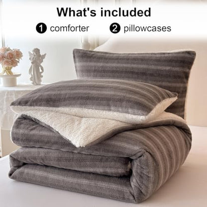 Cyusri Striped Sherpa Comforter Set 3Pcs Fluffy Warm Fleece Down Alternative, Grey Stripe Bedding Set with 2 Pillowcases, Queen Size 90"x90"