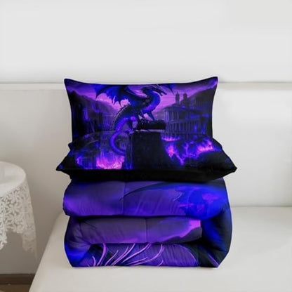 Feelyou Dragon Bedding Set Soft for Boys Girls, Fantasy Animal Comforter Set Full Size Jungle Duvet Quilt Microfiber Wild Animal Bedroom Decor Magical Beast 3 Pcs with 2 Pillow Cases