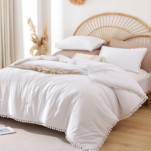 YIRDDEO King Size Comforter Set, White Ball Pom Fringe Bedding Set 3 Pieces