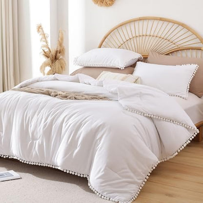YIRDDEO King Size Comforter Set, White Ball Pom Fringe Bedding Set 3 Pieces