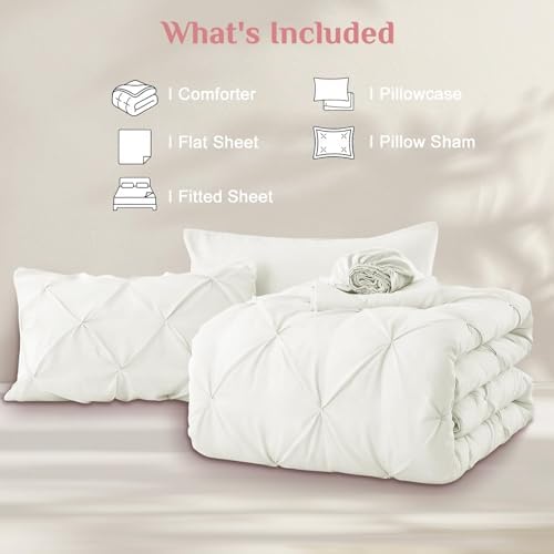 JOLLYVOGUE Twin Comforter Set 5 Pieces - Bed in a Bag Twin for All Season, Pintuck Bedding Comforter Sets with Comforter, Flat Sheet, Fitted Sheet and Pillowcases & Shams, Ivory
