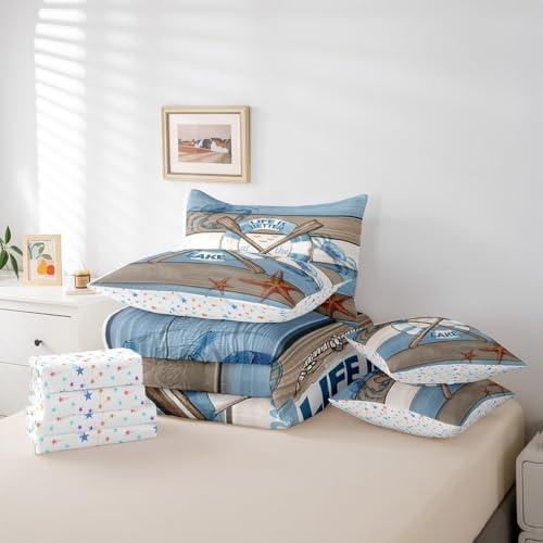Erosebridal Lake Life Bedding Set for Kids Teens,Hawaii Boat Paddle Comforter Set Queen Size,Crab Starfish (Comforter+Fitted+Flat Sheet+2 Pillowcases+2 Throw Pillow Covers) 7 Pieces Bed Set