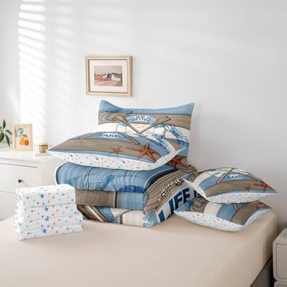 Erosebridal Lake Life Bedding Set for Kids Teens,Hawaii Boat Paddle Comforter Set King Size,Crab Starfish (Comforter+Fitted+Flat Sheet+2 Pillowcases+2 Throw Pillow Covers) 7 Pieces Bed Set