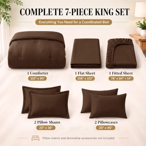 CozyLux King Size Comforter Set Brown, 7 Pieces Bed in a Bag