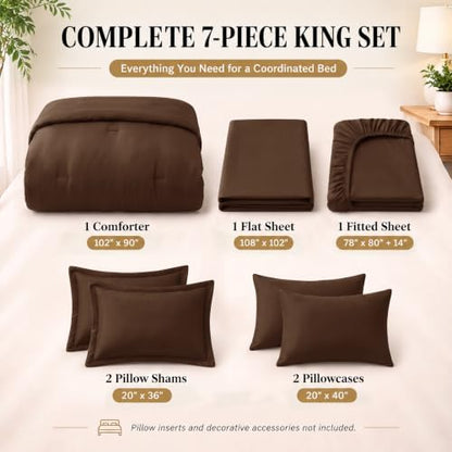 CozyLux King Size Comforter Set Brown, 7 Pieces Bed in a Bag