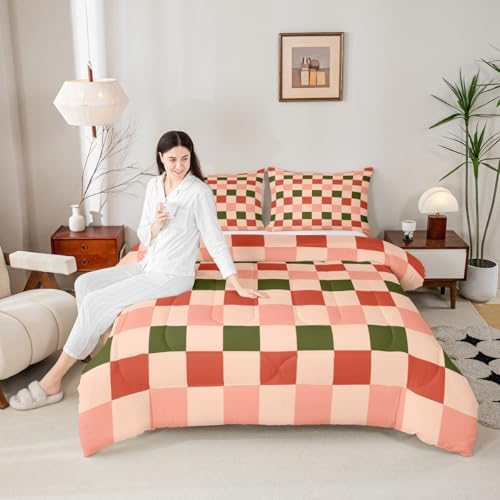Feelyou Checkered Geometric Bedding Set for Boys Girls Pink Green Red Plaid Comforter Set King Size Checkerboard Modern Aesthetic Duvet Quilt Reversible Pink Bedroom Decor 3 Pcs with 2 Pillow Cases