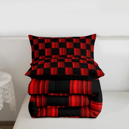 Feelyou Checkered Bedding Set for Boys Girls Abstract Ombre Comforter Set Toddler Size Modern Geometric Red Black Duvet Quilt Cute Neutral Aesthetic Plaid Bedroom Decor 2 Pcs with 1 Pillow Cases